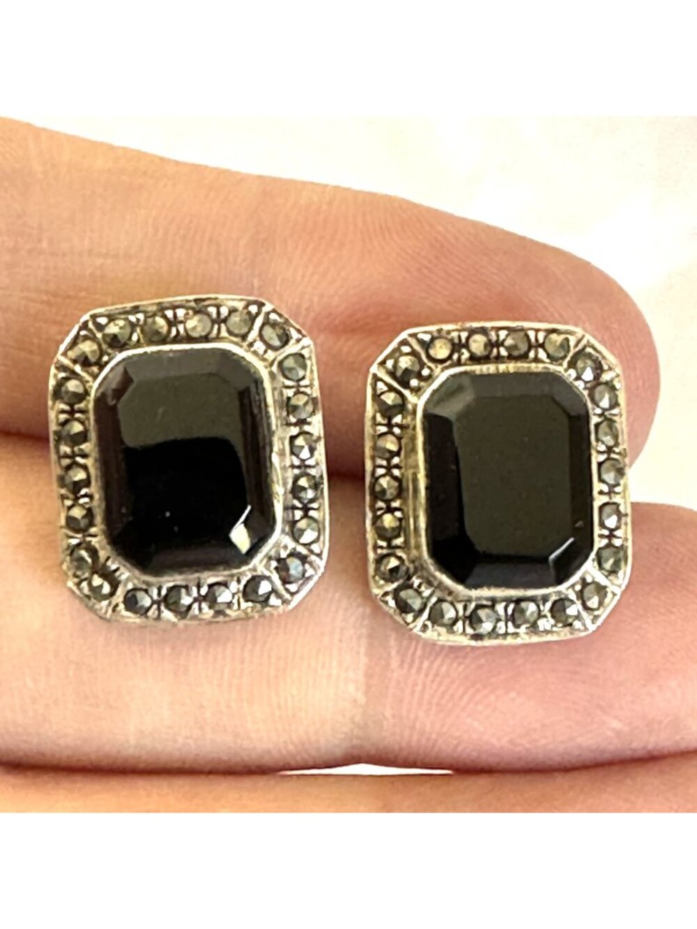 Black Onyx Marcasite Stud Earrings VTG Sterling Silver 925 Size 0.5'' Length